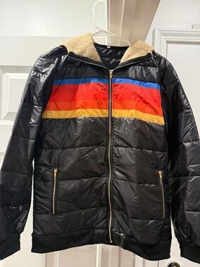 Black Puffer Jacket with Rainbow Chest Stripe